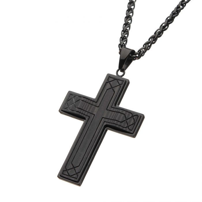 Stainless Steel Black Carbon Fiber Carved Cross Pendant with Black Spiga Chain