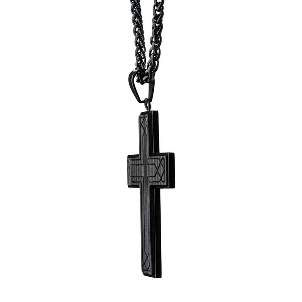 Stainless Steel Black Carbon Fiber Carved Cross Pendant with Black Spiga Chain