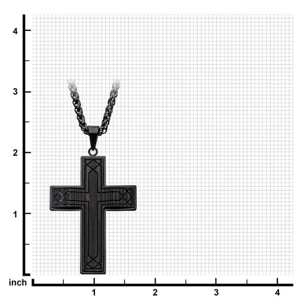 Stainless Steel Black Carbon Fiber Carved Cross Pendant with Black Spiga Chain