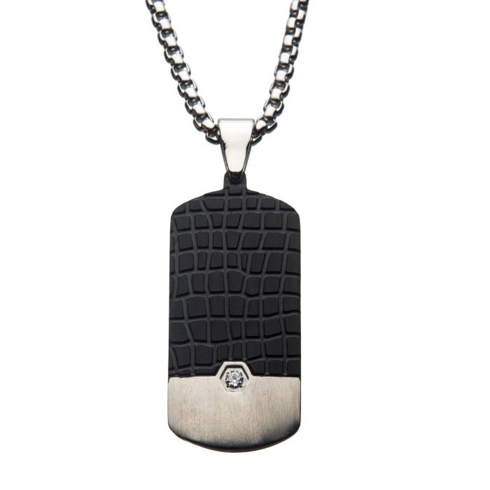 Stainless Steel Crocodile Dog Tag Pendant_x000D_
with 2mm Clear CZ & Steel Chain