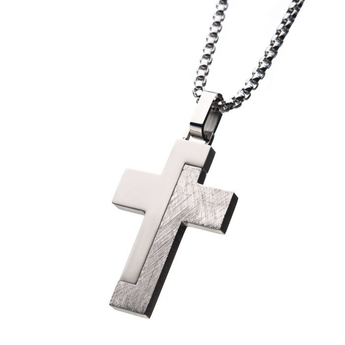 Modern BlockTextured Stainless Steel Cross Pendant