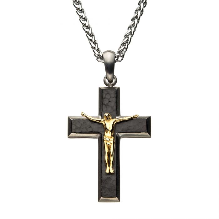 Stainless Steel Hammered Jesus Christ Crucifix Cross Pendant with Steel Spiga Chain