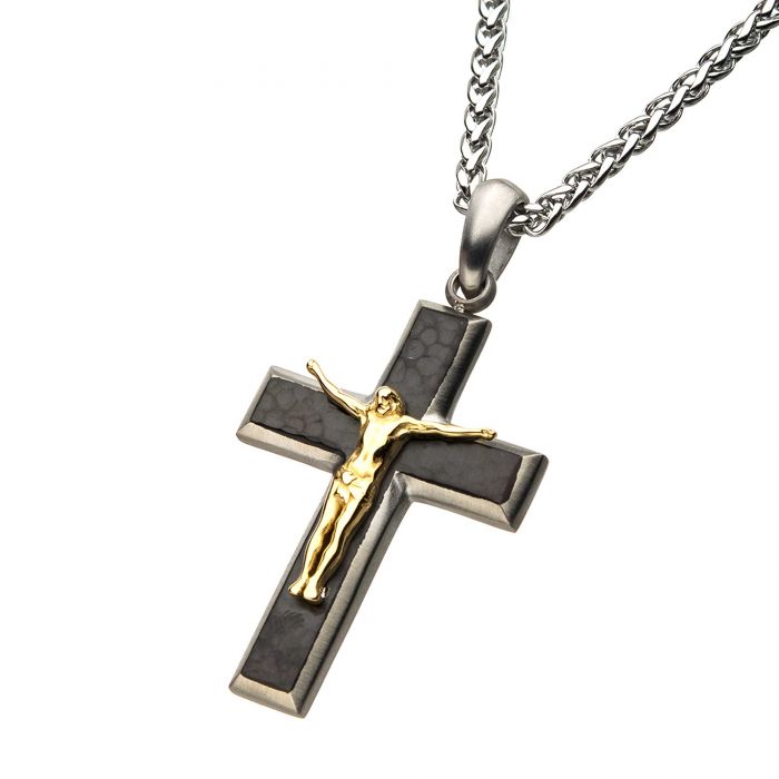 Stainless Steel Hammered Jesus Christ Crucifix Cross Pendant with Steel Spiga Chain