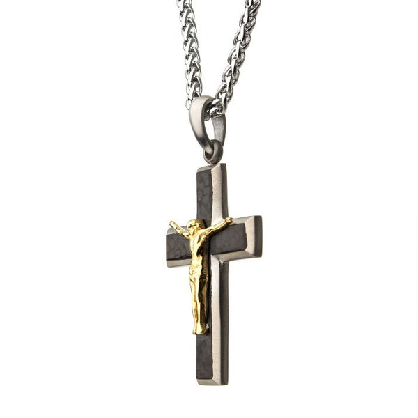 Stainless Steel Hammered Jesus Christ Crucifix Cross Pendant with Steel Spiga Chain