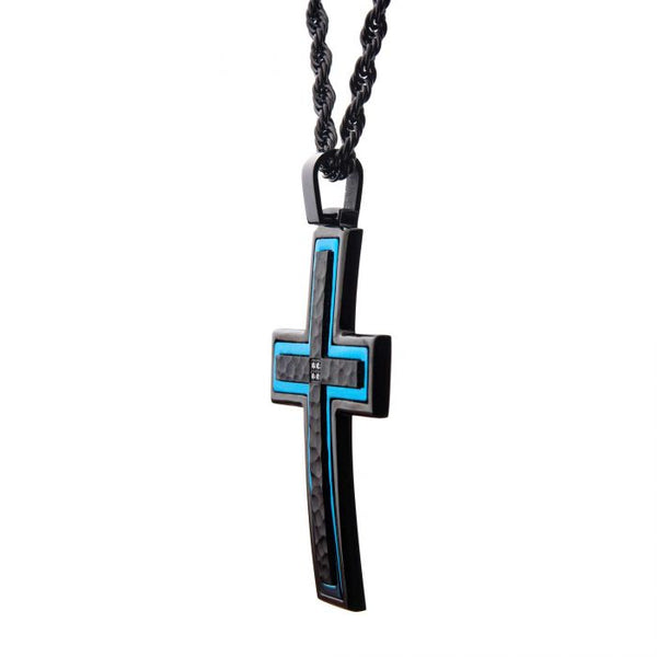 Hammered Blue Line Cross with CZ Stainless Steel Pendant