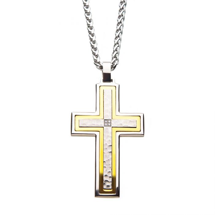 Hammered Gold Plated Cross with CZ Stainless Steel Pendant