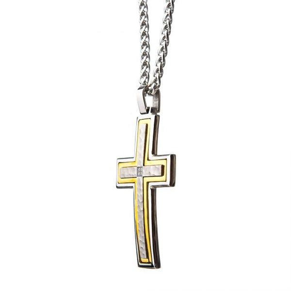 Hammered Gold Plated Cross with CZ Stainless Steel Pendant