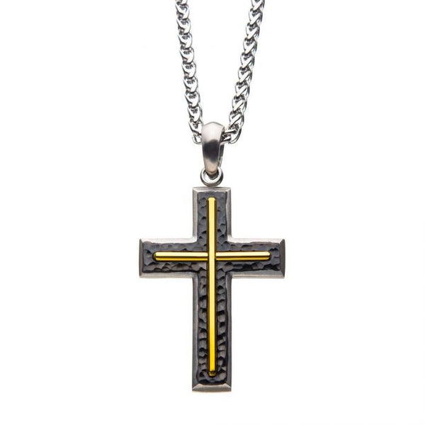 Hammered Gun Metal Cross with Gold Plated Pendant