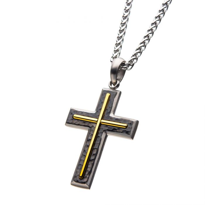 Hammered Gun Metal Cross with Gold Plated Pendant