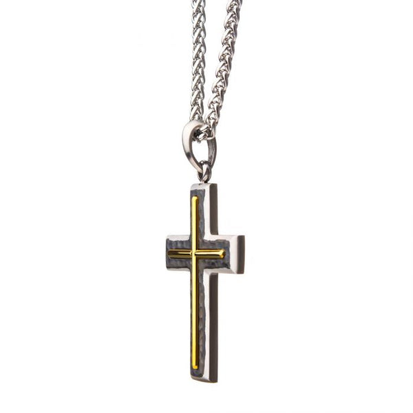 Hammered Gun Metal Cross with Gold Plated Pendant