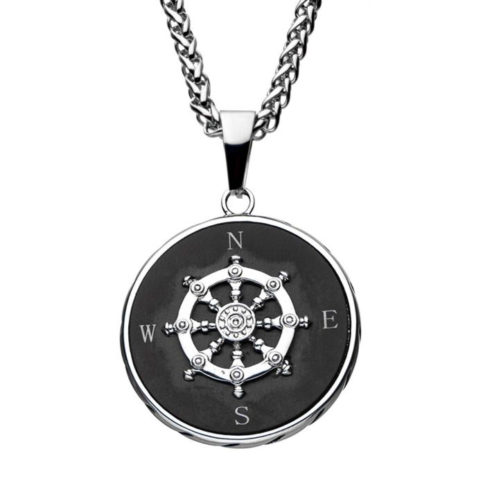 Stainless Steel Black Plated Ship's Wheel Compass Pendant with Chain