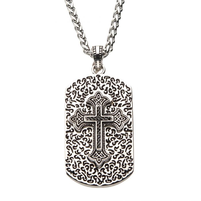 Black Oxidized Steel Dog Tag Pendant with Black CZs Gothic Cross Inlayed with Steel Wheat Chain