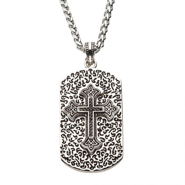 Black Oxidized Steel Dog Tag Pendant with Black CZs Gothic Cross Inlayed with Steel Wheat Chain