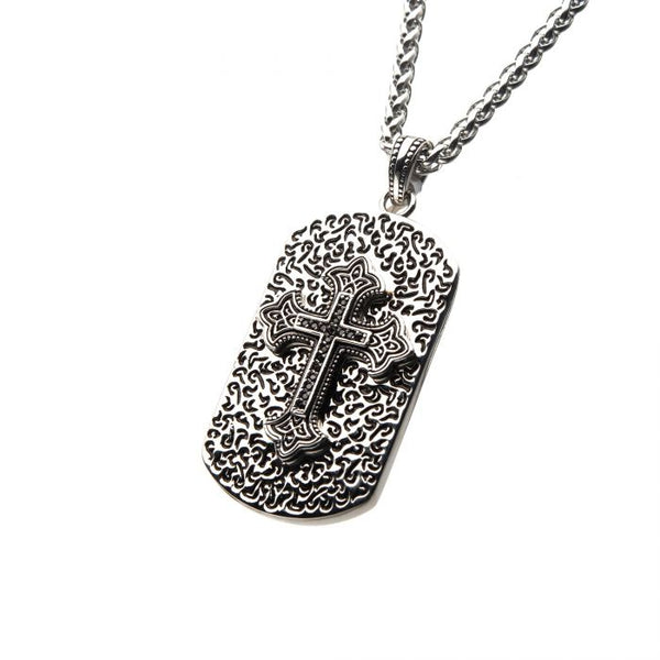 Black Oxidized Steel Dog Tag Pendant with Black CZs Gothic Cross Inlayed with Steel Wheat Chain