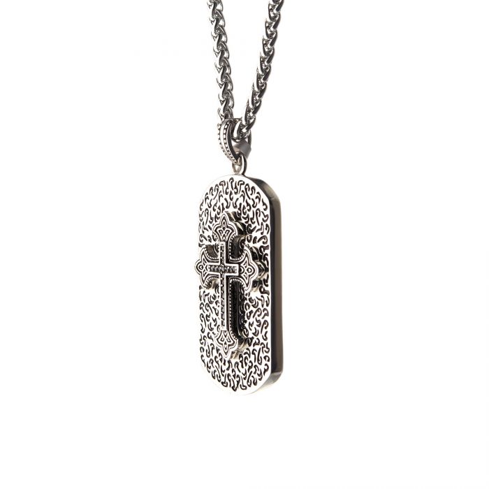 Black Oxidized Steel Dog Tag Pendant with Black CZs Gothic Cross Inlayed with Steel Wheat Chain