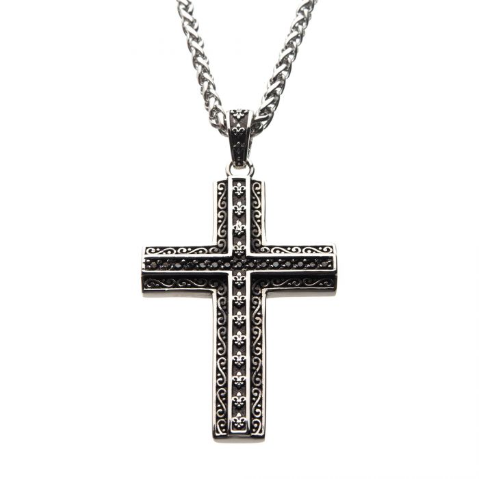 Black Oxidized Steel Cross with Black CZs & Fleur de lis designs Pendant with Steel Wheat Chain