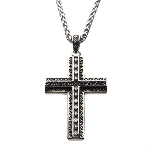 Black Oxidized Steel Cross with Black CZs & Fleur de lis designs Pendant with Steel Wheat Chain