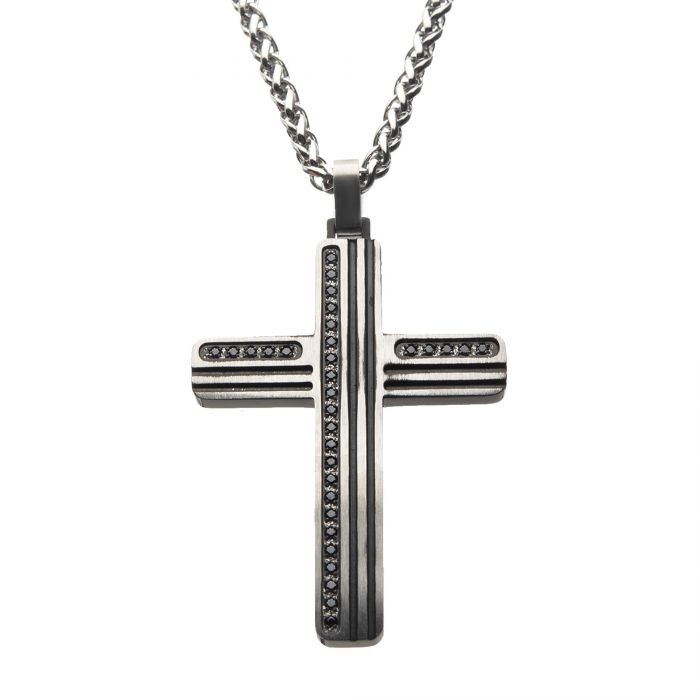 Black Oxidized Steel Cross Pendant with Black CZs & Steel Wheat Chain