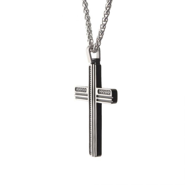 Black Oxidized Steel Cross Pendant with Black CZs & Steel Wheat Chain