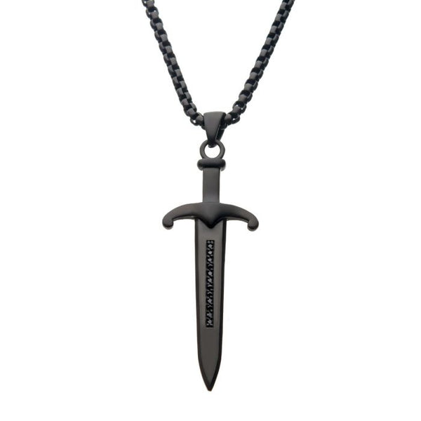 Steel Black Plated Sword Pendant with Black Bold Box Chain