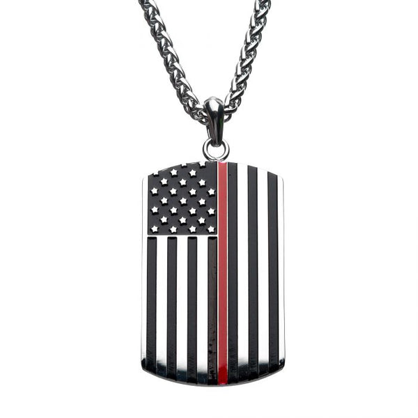 Thin Red Line American Flag Firefighter Military Style Dog Tag Enamel Pendant with Chain