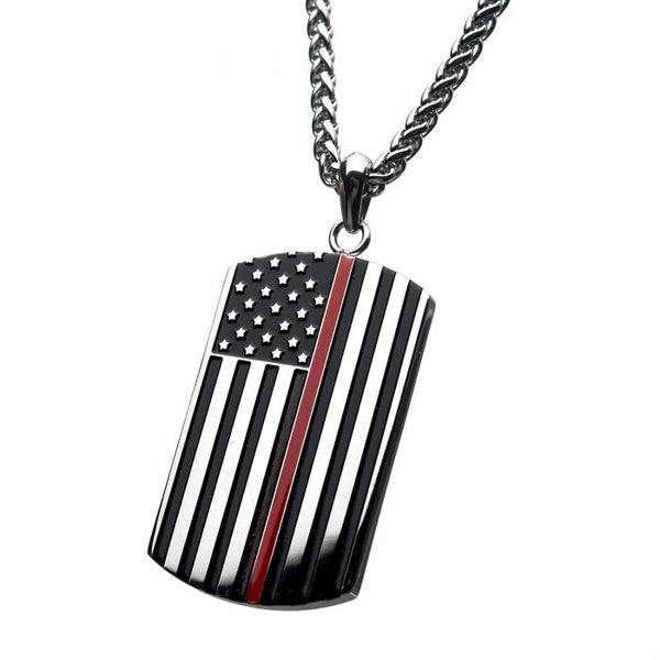 Thin Red Line American Flag Firefighter Military Style Dog Tag Enamel Pendant with Chain