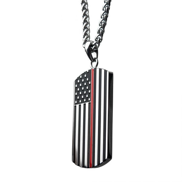 Thin Red Line American Flag Firefighter Military Style Dog Tag Enamel Pendant with Chain