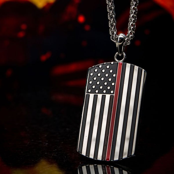 Thin Red Line American Flag Firefighter Military Style Dog Tag Enamel Pendant with Chain