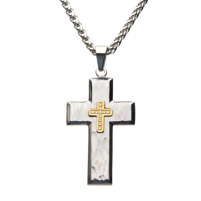 Gold Plated Cross with Clear CZs on Steel Hammered Cross Pendant with Wheat Chain