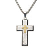 Load image into Gallery viewer, Gold Plated Cross with Clear CZs on Steel Hammered Cross Pendant with Wheat Chain