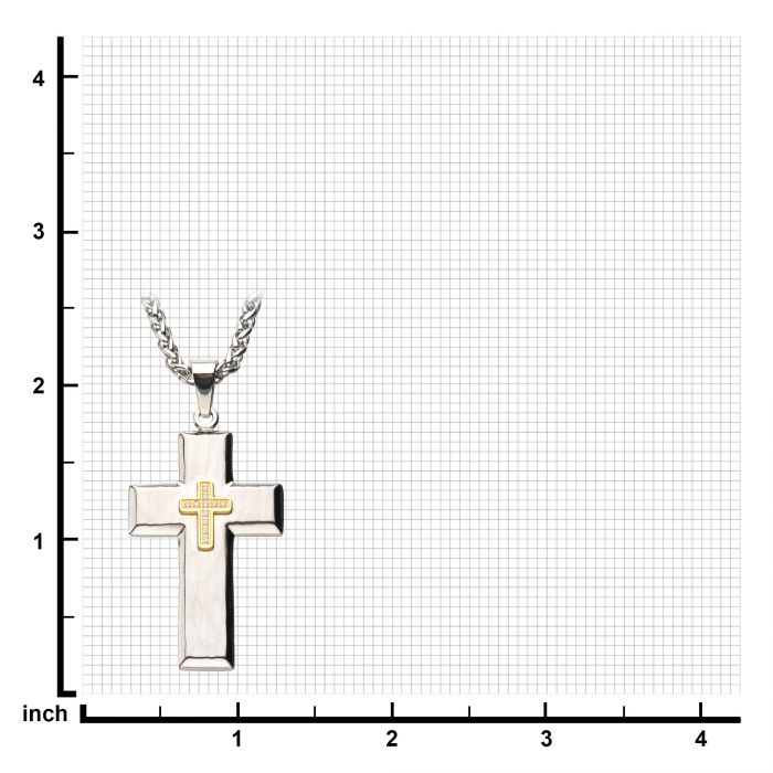 Gold Plated Cross with Clear CZs on Steel Hammered Cross Pendant with Wheat Chain