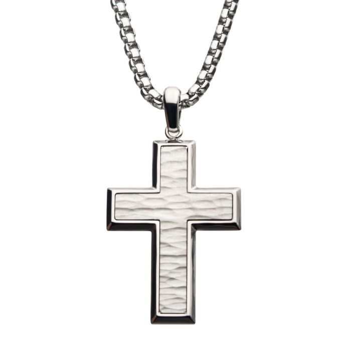 Matte Stainless Steel Short Cross Pendant with Steel Box Chain