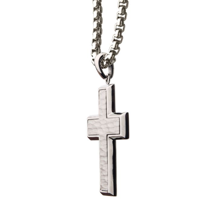 Matte Stainless Steel Short Cross Pendant with Steel Box Chain