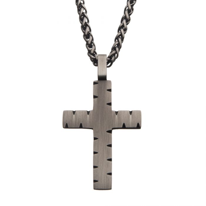 Stainless Steel & Gun Metal IP Chiseled Cross Pendant with Gun Metal IP Chain