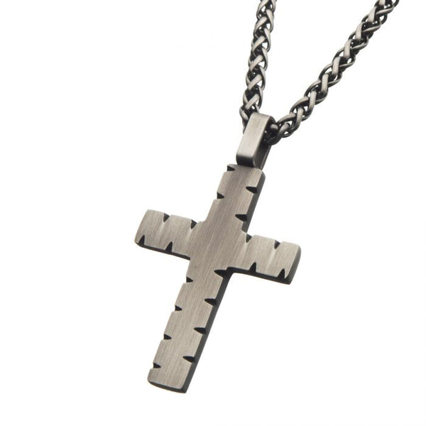 Stainless Steel & Gun Metal IP Chiseled Cross Pendant with Gun Metal IP Chain