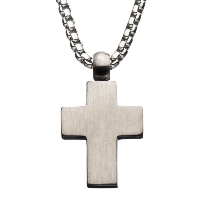 Stainless Steel Hammered Cross Pendant with Steel Box Chain