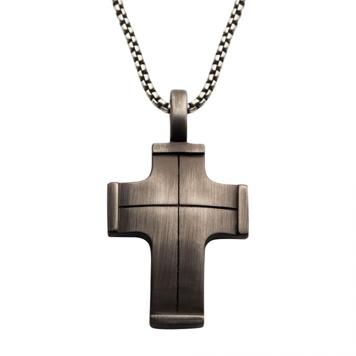 Gun Metal Plated Cross Pendant with Steel Wheat Chain