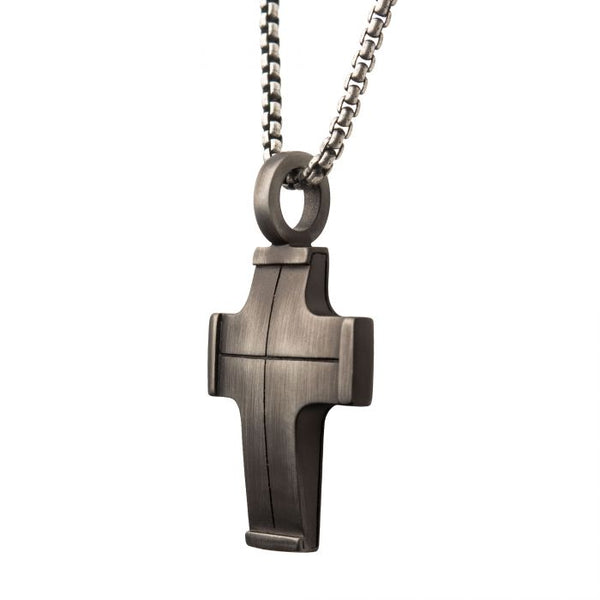 Gun Metal Plated Cross Pendant with Steel Wheat Chain