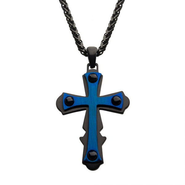 Blue Plated with Black Agate Stone Cross Pendant, with Black Plated Wheat Chain