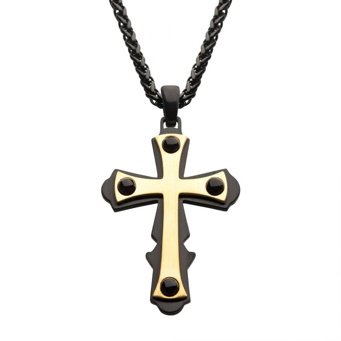 18K Gold Plated with Black Agate Stone Cross Pendant, with Black Plated Wheat Chain