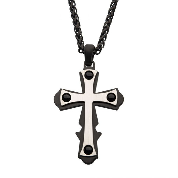 Steel with Black Agate Stone Cross Pendant, with Black Plated Wheat Chain