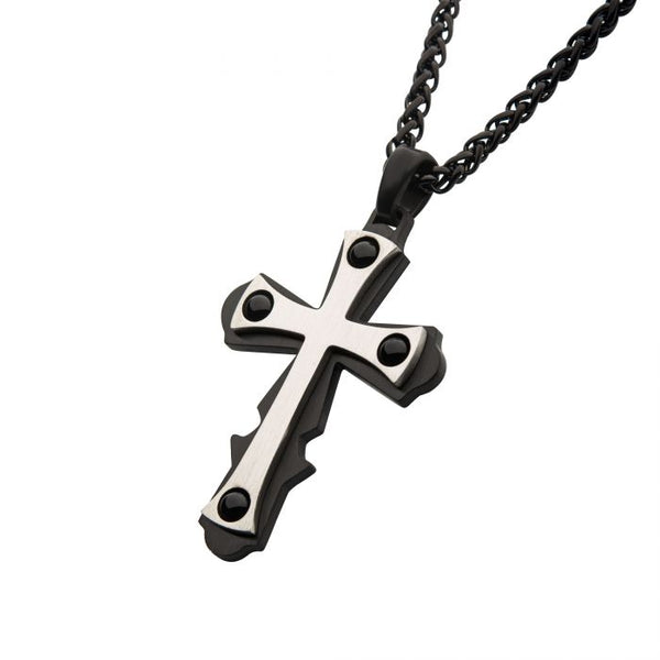 Steel with Black Agate Stone Cross Pendant, with Black Plated Wheat Chain