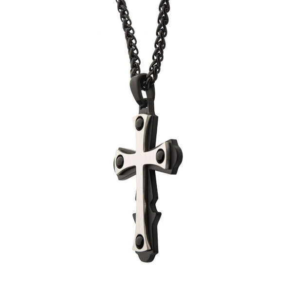 Steel with Black Agate Stone Cross Pendant, with Black Plated Wheat Chain