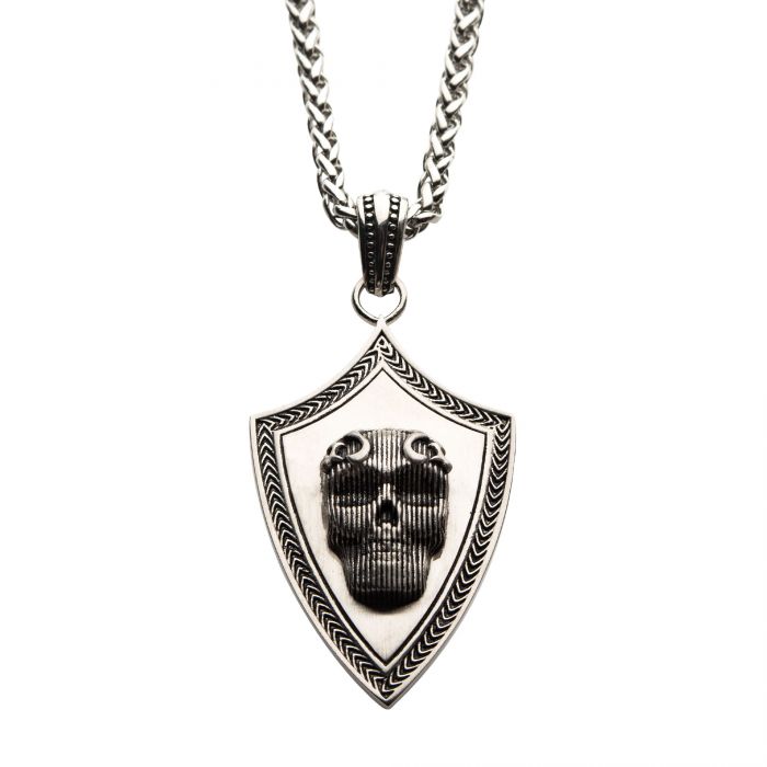 Black Oxidized Matte Finish Steel 3D Skull Pendant with Black Oxidized Wheat Chain