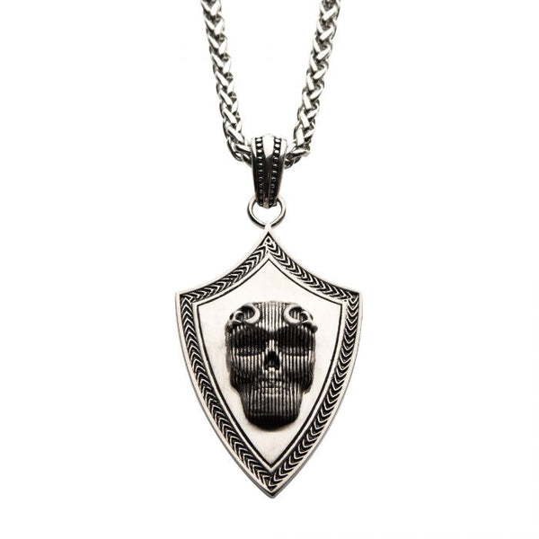 Black Oxidized Matte Finish Steel 3D Skull Pendant with Black Oxidized Wheat Chain