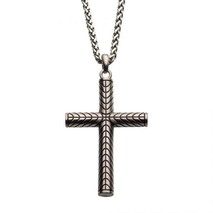 Steel Geometric Pattern Cross Pendant with Steel Wheat Chain