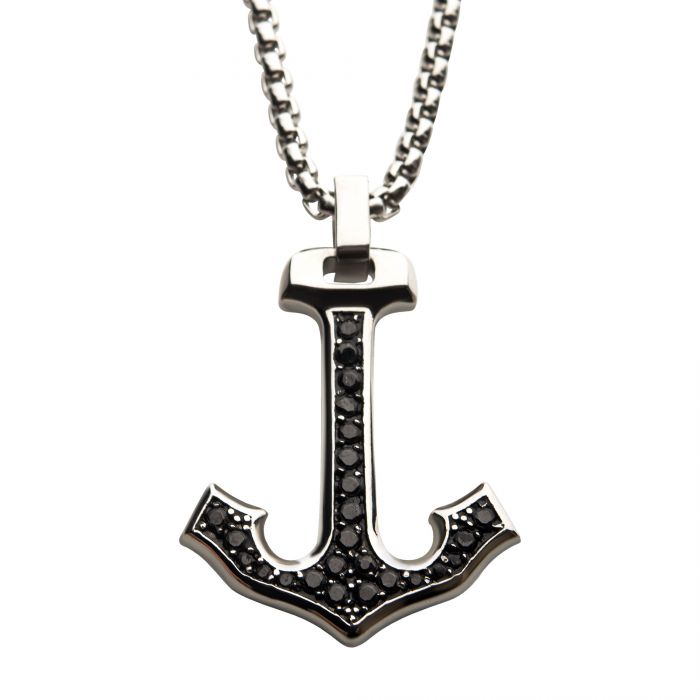 Steel Anchor Pendant with Black CZ Inlay, with Steel Box Chain