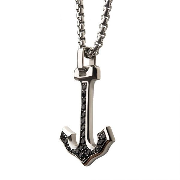 Steel Anchor Pendant with Black CZ Inlay, with Steel Box Chain