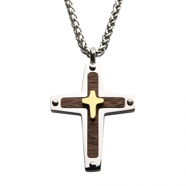 18K Gold Plated Cross Overlapped on a Steel Pendant with Walnut Wood Inlay, with Steel Wheat Chain