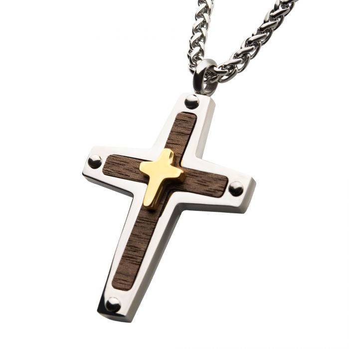 18K Gold Plated Cross Overlapped on a Steel Pendant with Walnut Wood Inlay, with Steel Wheat Chain